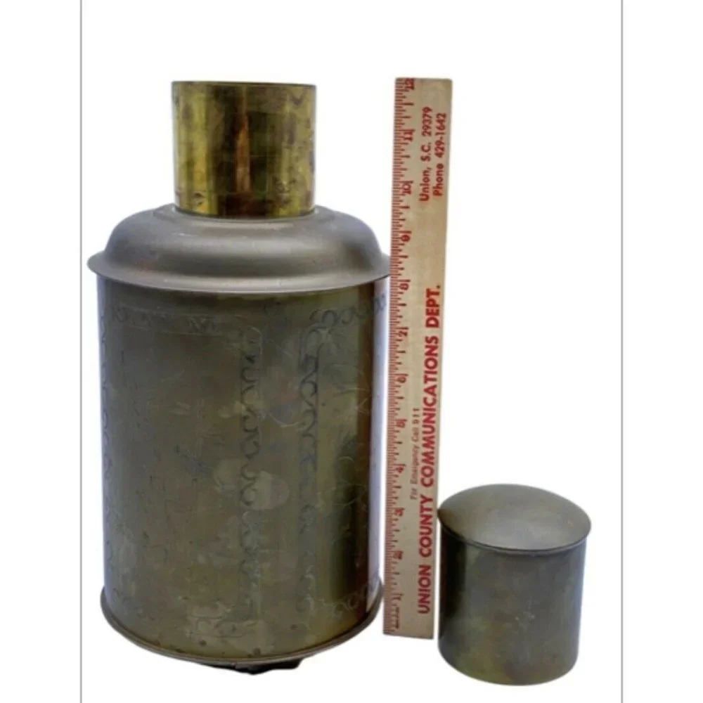 VTG 50s Brass‎ Tea Canister Jar Container Floral Etched Gold 12.5